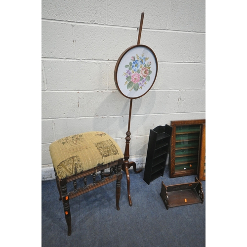 1260 - AN EDWARDIAN MAHOGANY PIANO STOOL, a Georgian style pole screen, two oak collectors display cases, m... 