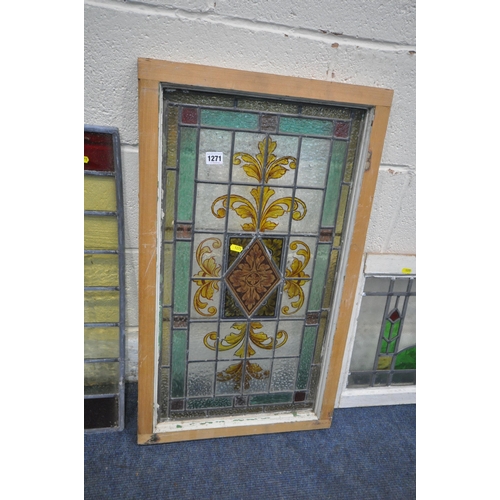 1271 - A SELECTION OF STAINED / COLOURED GLASS WINDOWS, to include a window with a Fleur De Lis design, fou... 