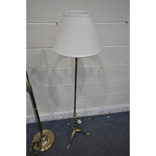 1272 - A PAIR OF BRASS STANDARD LAMPS, with an adjustable height, along with another brass lamp with a fabr... 