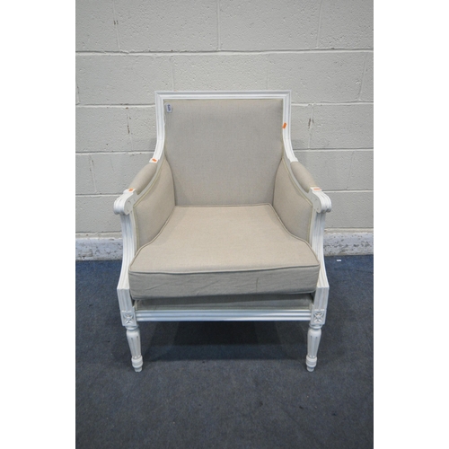 1273 - A REPRODUCTION FRENCH WHITE FRAMED AND BEIGE UPHOLSTERED ARMCHAIR (condition report: good)