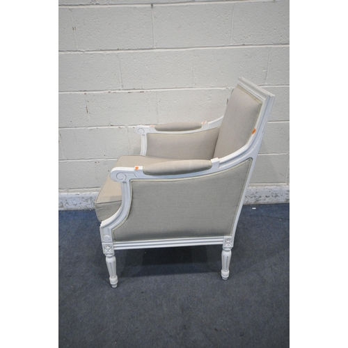 1273 - A REPRODUCTION FRENCH WHITE FRAMED AND BEIGE UPHOLSTERED ARMCHAIR (condition report: good)