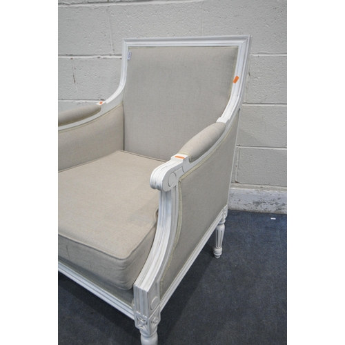 1273 - A REPRODUCTION FRENCH WHITE FRAMED AND BEIGE UPHOLSTERED ARMCHAIR (condition report: good)