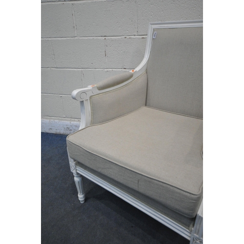 1273 - A REPRODUCTION FRENCH WHITE FRAMED AND BEIGE UPHOLSTERED ARMCHAIR (condition report: good)