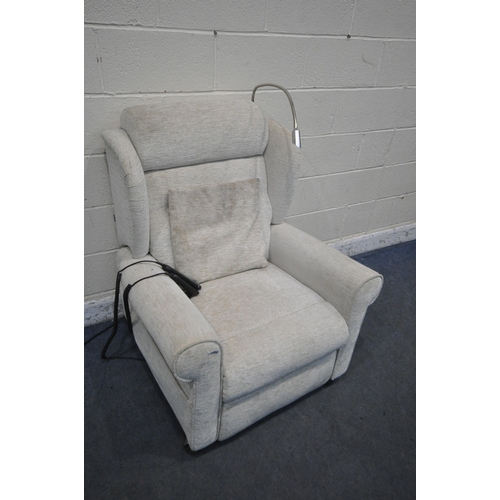 1274 - A BEIGE UPHOLSTERED ELECTRIC RISE AND RECLINE ARMCHAIR, with massaging settings (PAT pass and workin... 