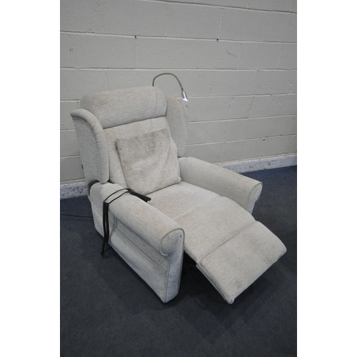 1274 - A BEIGE UPHOLSTERED ELECTRIC RISE AND RECLINE ARMCHAIR, with massaging settings (PAT pass and workin... 