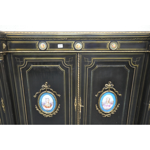 1277 - A 19TH CENTURY EBONISED AND GILT BRASS CREDENZA, with four moulded tops supporting Corinthian column... 