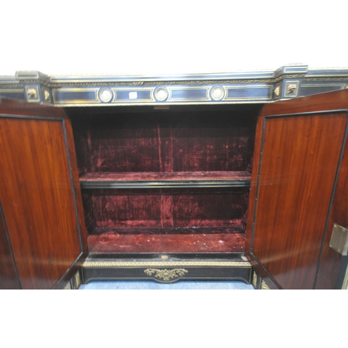 1277 - A 19TH CENTURY EBONISED AND GILT BRASS CREDENZA, with four moulded tops supporting Corinthian column... 