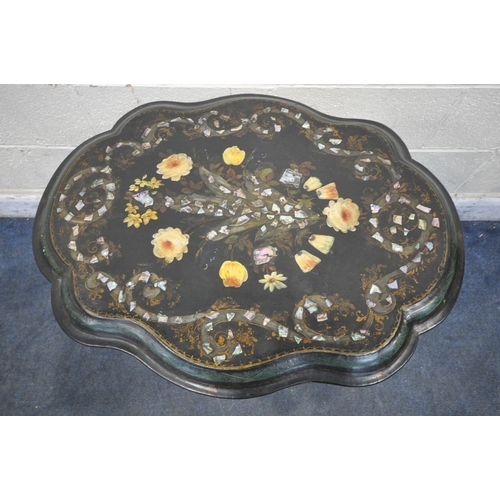 1280 - A VICTORIAN EBONISED, PARCEL GILT PAPIER MACHE AND MOTHER OF PEARL TRIPOD TABLE, late 19th century, ... 