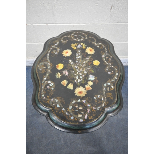 1280 - A VICTORIAN EBONISED, PARCEL GILT PAPIER MACHE AND MOTHER OF PEARL TRIPOD TABLE, late 19th century, ... 