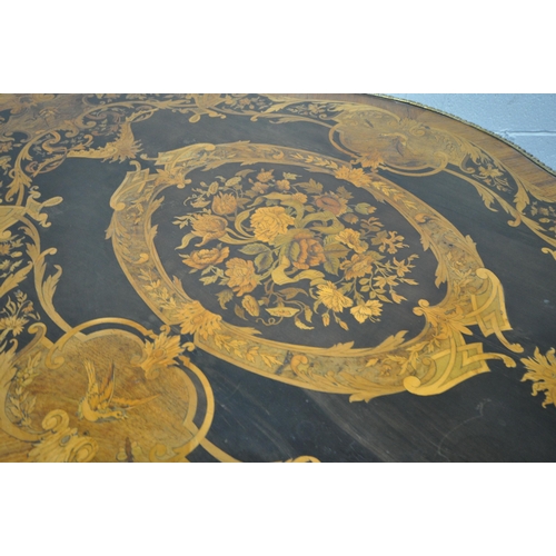 1281 - A LOUIS XVI STYLE KINGWOOD, EBONY AND MARQUETRY INLAID CENTRE TABLE, late 19th century, the and frie... 