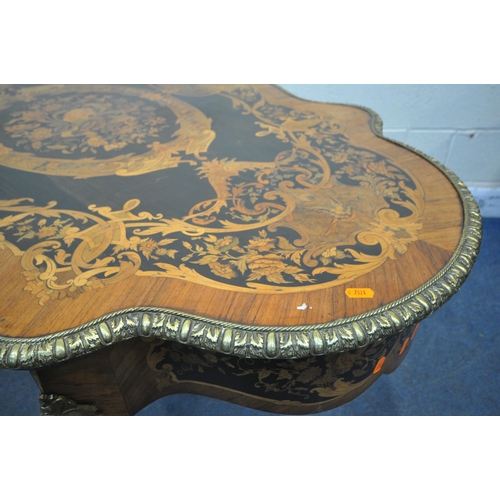 1281 - A LOUIS XVI STYLE KINGWOOD, EBONY AND MARQUETRY INLAID CENTRE TABLE, late 19th century, the and frie... 