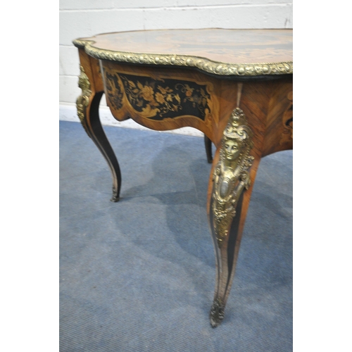 1281 - A LOUIS XVI STYLE KINGWOOD, EBONY AND MARQUETRY INLAID CENTRE TABLE, late 19th century, the and frie... 