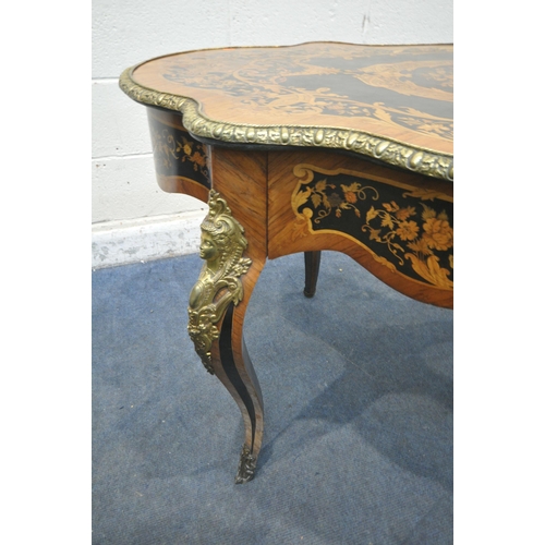 1281 - A LOUIS XVI STYLE KINGWOOD, EBONY AND MARQUETRY INLAID CENTRE TABLE, late 19th century, the and frie... 