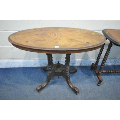 1287 - A LATE VICTORIAN WALNUT AND MARQUETRY INLAID OVAL CENTRE TABLE, width 97cm x depth 61cm x height 72c... 