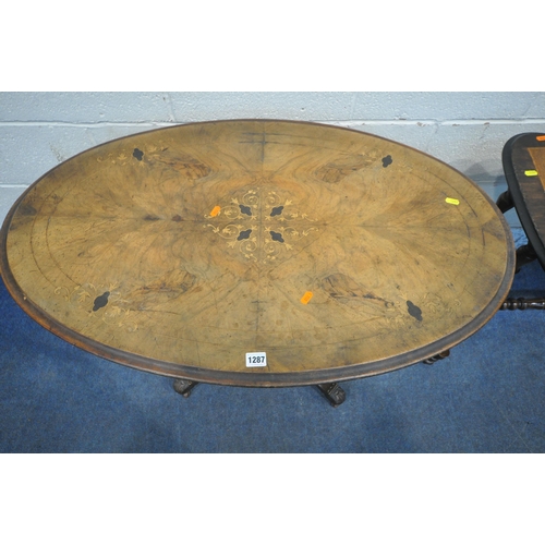 1287 - A LATE VICTORIAN WALNUT AND MARQUETRY INLAID OVAL CENTRE TABLE, width 97cm x depth 61cm x height 72c... 