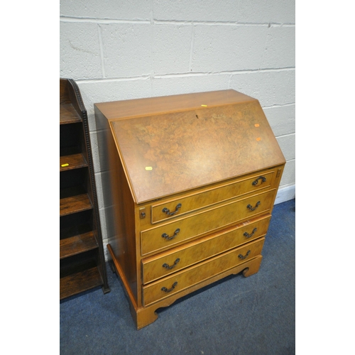 1288 - A WALNUT FALL FRONT BUREAU, width 75cm x depth 47cm x height 98cm, along with an oak open bookcase, ... 