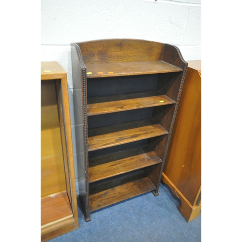 1288 - A WALNUT FALL FRONT BUREAU, width 75cm x depth 47cm x height 98cm, along with an oak open bookcase, ... 