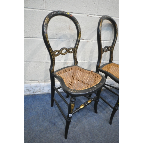 1289 - A SET OF FOUR VICTORIAN EBONISED AND MOTHER OF PEARL CHAIRS (condition report: bergère seat torn to ... 