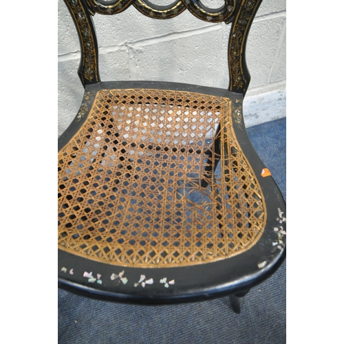 1289 - A SET OF FOUR VICTORIAN EBONISED AND MOTHER OF PEARL CHAIRS (condition report: bergère seat torn to ... 