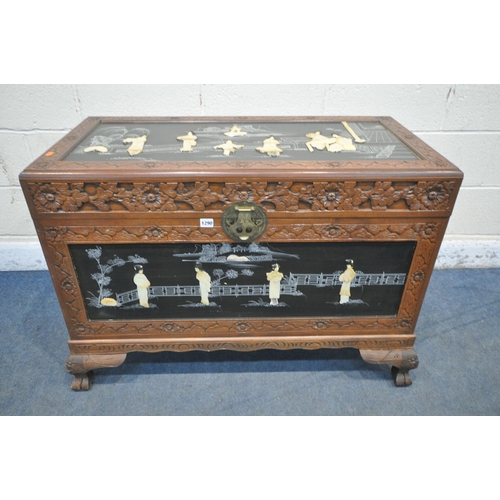 1290 - A 20TH CENTURY CHINESE CAMPHORWOOD BLANKET CHEST, with chinoiserie decoration, width 107cm x depth 5... 