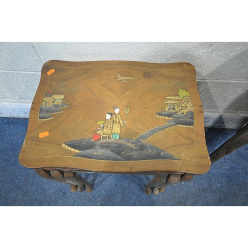 1294 - A CHINOISERIE WALNUT NEST OF THREE TABLES, largest table width 49cm x depth 36cm x height 55cm, alon... 