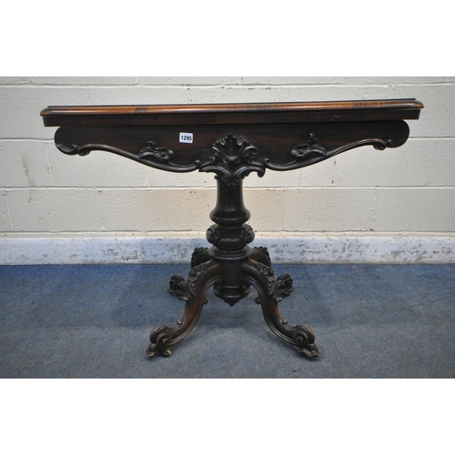 1295 - A VICTORIAN ROSEWOOD CARD TABLE, the twist and fold top enclosing a circular green baize playing sur... 