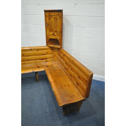 1307 - A PINE CORNER BENCH, with a later corner unit to the corner, length 155cm x depth of seat 45cm x hei... 