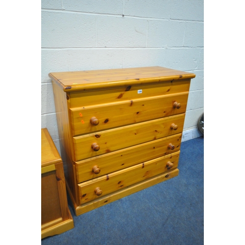 1309 - A MODERN PINE CHEST OF FOUR LONG DRAWERS, width 95cm x depth 46cm x height 92cm, and a pine blanket ... 