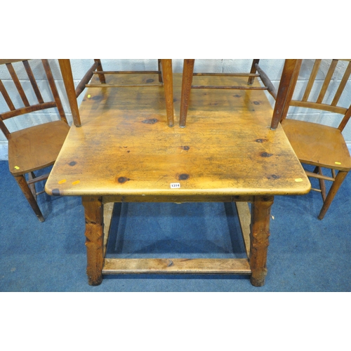 1314 - A SQUARE PINE KITCHEN TABLE, with a single drawer, on square chamfered legs, united by a cross stret... 