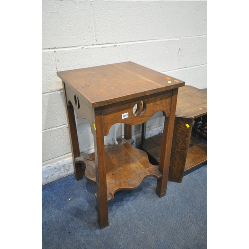 1318 - AN ARTS AND CRAFTS SQUARE OAK OCCASIONAL TABLE, 46cm square x height 74cm, an oak nest of three tabl... 