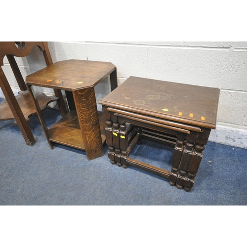 1318 - AN ARTS AND CRAFTS SQUARE OAK OCCASIONAL TABLE, 46cm square x height 74cm, an oak nest of three tabl... 