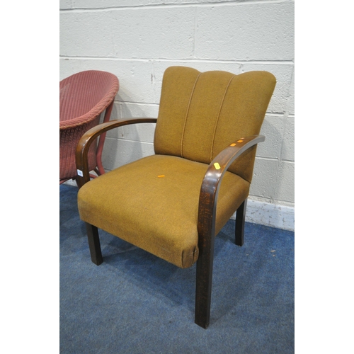 1321 - AN ART DECO BROWN UPHOLSTERED OPEN ARMCHAIR, width 60cm x depth 68cm x height 82cm, and a Lloyd loom... 