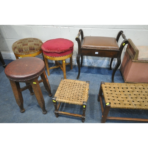 1324 - A SELECTION OF VARIOUS STOOLS, to include a piano stool, two cylindrical stools, two pine/beech stoo... 