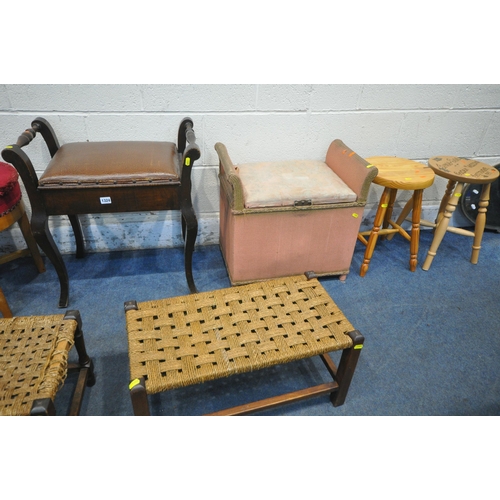 1324 - A SELECTION OF VARIOUS STOOLS, to include a piano stool, two cylindrical stools, two pine/beech stoo... 