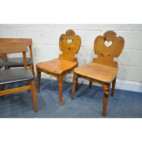 1325 - A SELECTION OF CHAIRS, to include a pair of pine hall chairs, a set of four mid-century teak chairs,... 