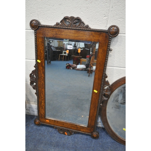 1329 - A RECTANGULAR CARVED OAK BEVELLED EDGE WALL MIRROR, 95cm x 63cm, two other wall mirrors, a dressing ... 