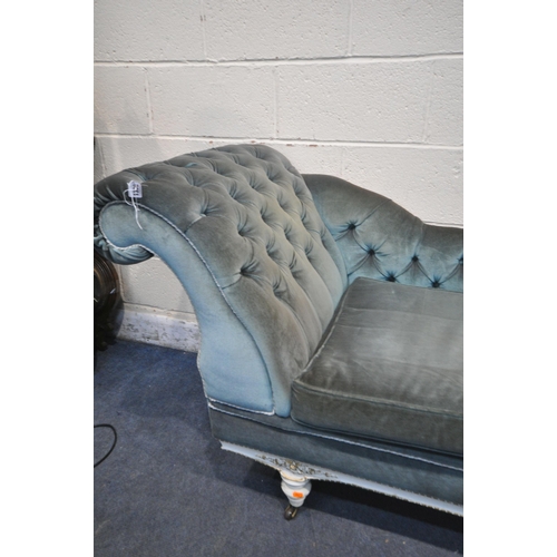 1336 - A FRENCH CREAM PAINTED CHAISE LONGUE, with blue buttoned upholstery, length 190cm (condition report:... 