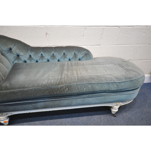 1336 - A FRENCH CREAM PAINTED CHAISE LONGUE, with blue buttoned upholstery, length 190cm (condition report:... 