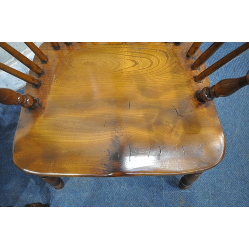 1344 - A PAIR OF GOOD QUALITY REPRODUCTION ELM SPLAT BACK WINDSOR ARMCHAIRS, with spindle supports, raised ... 