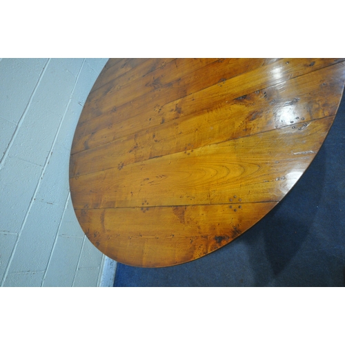 1347 - A GOOD QUALITY LARGE REPRODUCTION ELM DROP LEAF TABLE, with a single frieze drawer to each end, rais... 