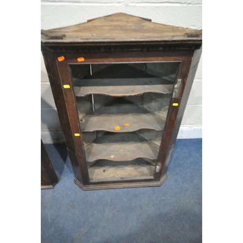 1353 - A GEORGIAN OAK HANGING CORNER CUPBOARD, width 77cm x depth 46cm x height 104cm, along with another o... 