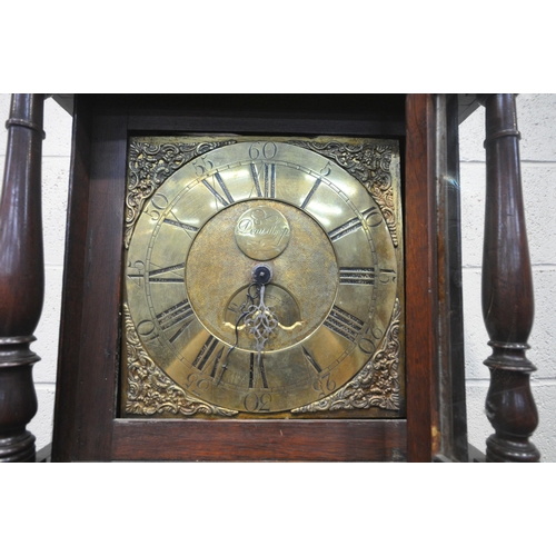 1354 - A GEORGIAN OAK 30 HOUR LONGCASE CLOCK, the hood with a glazed door, that's enclosing a brass 11.5 in... 