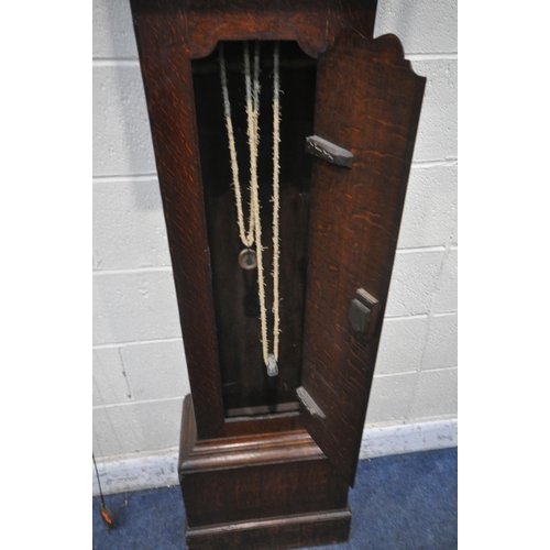 1354 - A GEORGIAN OAK 30 HOUR LONGCASE CLOCK, the hood with a glazed door, that's enclosing a brass 11.5 in... 