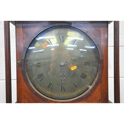 1355 - A GEORGIAN OAK 30 HOUR LONGCASE CLOCK, the hood with swan neck pediment, the circular glass door enc... 