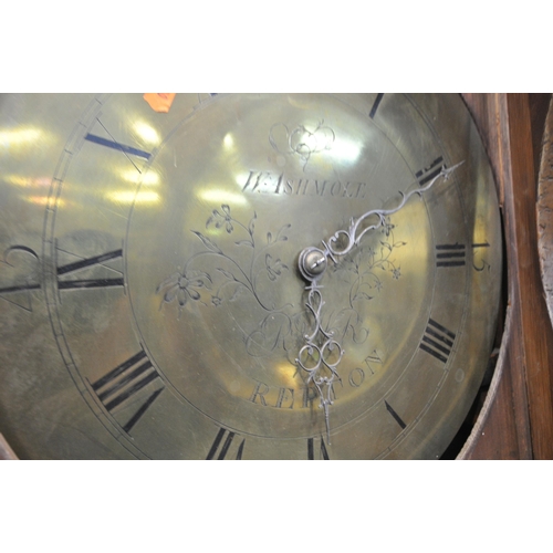 1355 - A GEORGIAN OAK 30 HOUR LONGCASE CLOCK, the hood with swan neck pediment, the circular glass door enc... 