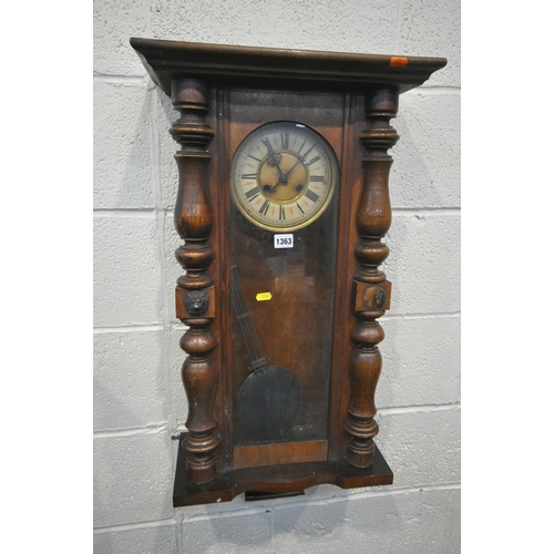 1363 - TWO 19TH CENTURY VIENNA WALL CLOCKS, each clock with an arched glass door, that's enclosing an ename... 