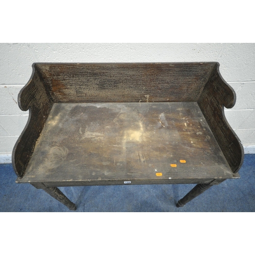 1368 - A VICTORIAN SCUMBLED PINE WASH STAND, with a raised back, raised on turned and tapered legs, width 9... 