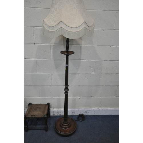 1372 - A 20TH CENTURY OAK STANDARD LAMP, with a small circular shelf, height to fitting 155cm, a mahogany c... 