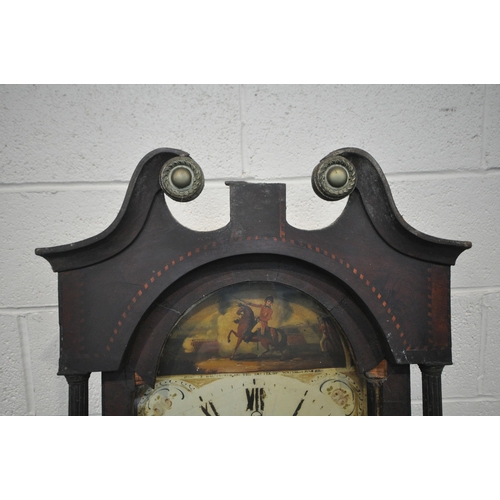 1379 - A GEORGIAN OAK EIGHT DAY LONGCASE CLOCK, with twin swan neck pediment, above an arched door that's e... 