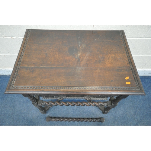 1380 - AN 18TH CENTURY CARVED OAK SIDE TABLE, the top edges with a rope edge, above a single frieze drawer,... 